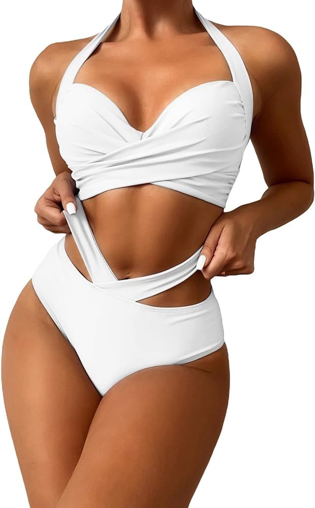 SOLY HUX Women's Two Piece Swimsuit Twist Cut Out Halter Push Up Bikini Set Bathing Suit | Amazon (US)