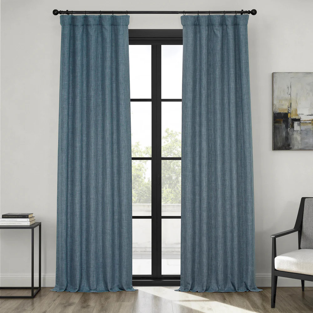 Reverie Blue Textured Faux Linen Custom Curtain | Half Price Drapes