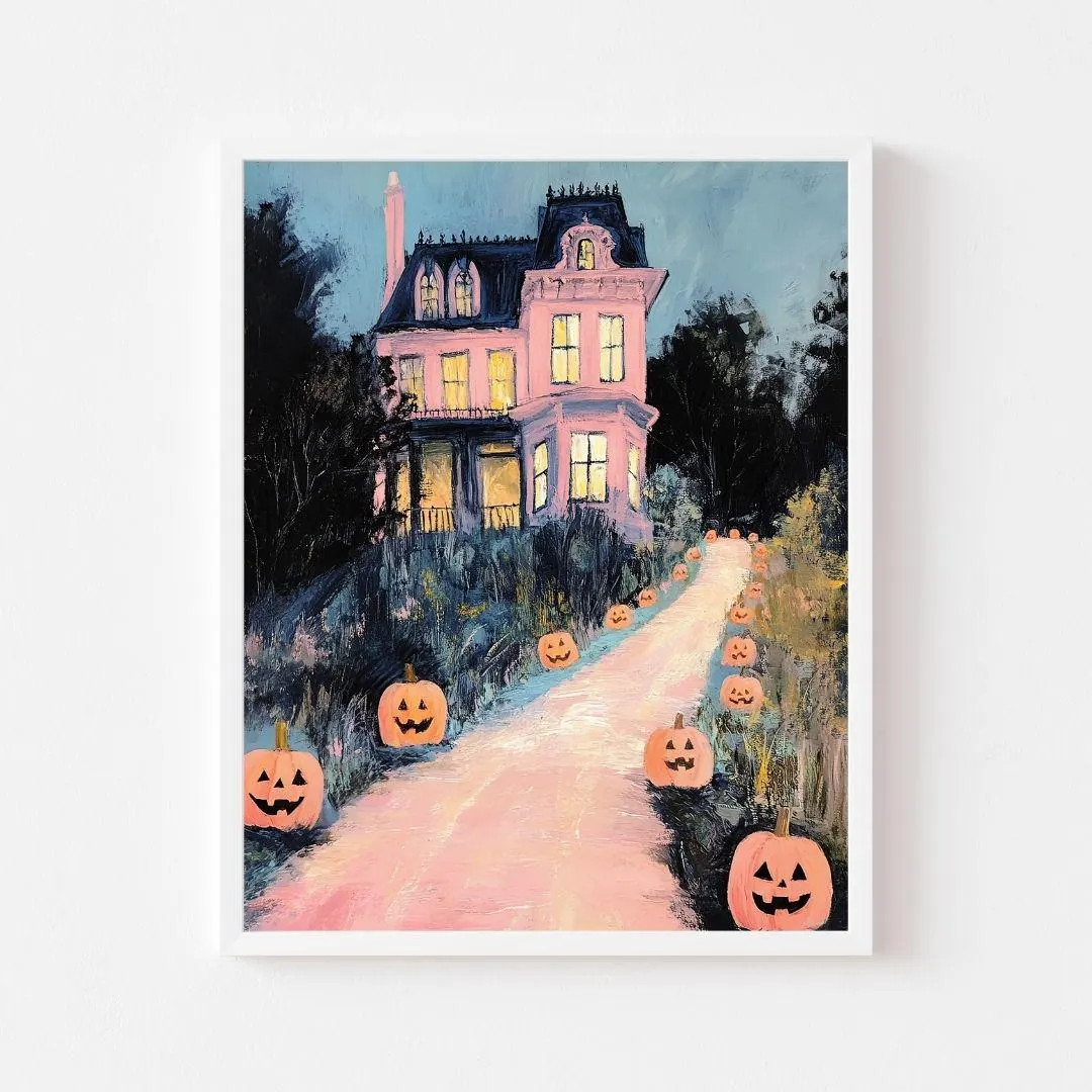 Pink Haunted House and Pumpkins Painting | Girly Halloween Printable | Girl's Room Hocus Pocus Wa... | Etsy (US)