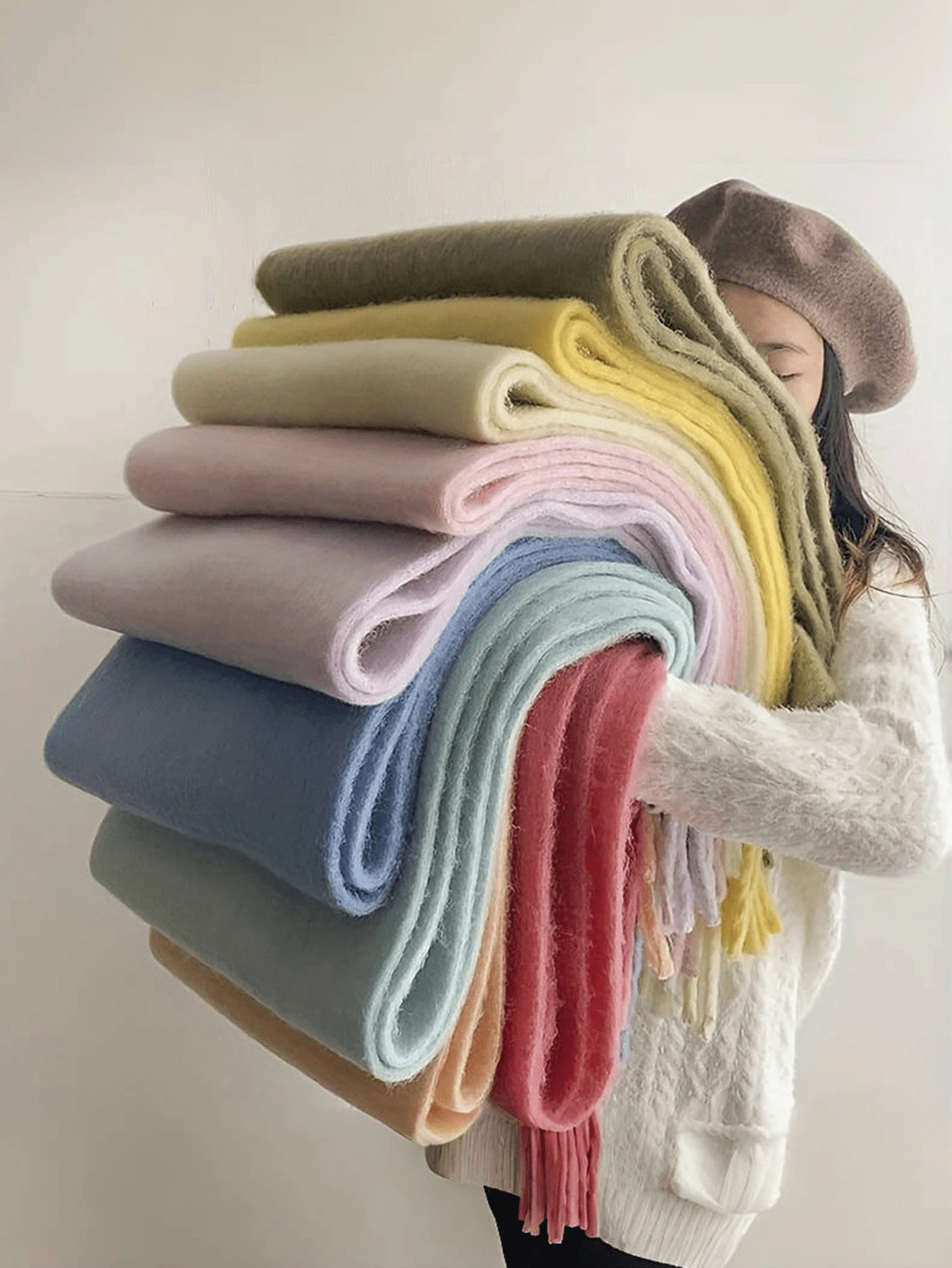 Winter Monochrome Plush Chunky Scarf Soft Fluffy Large Brushed Warm Tassel Scarf Boho Lengthened ... | SHEIN