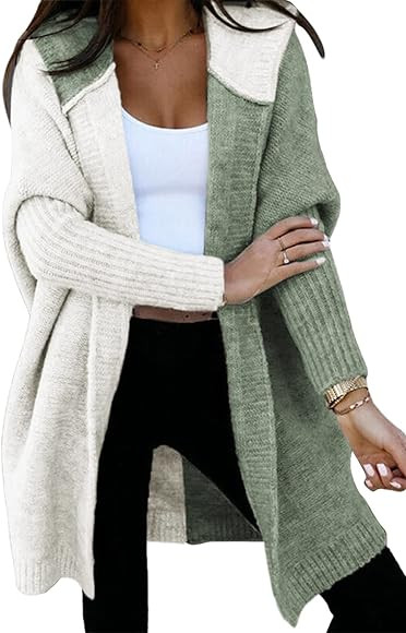 Astylish Women Open Front Long Sleeve Hooded Knit Cardigan Sweaters Color Block Outwear Coat | Amazon (US)