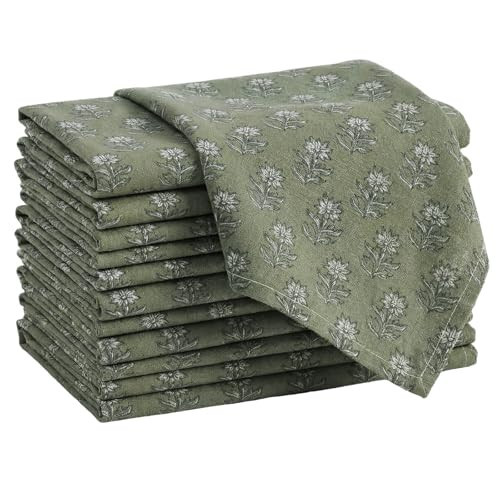 Mindsoft Set of 12 Green Floral Linen Cloth Napkins Dinner Napkins Cloth 15 x 15 Inch Washable Reusable for Dinner Home Restaurant Wedding Hotel | Amazon (US)