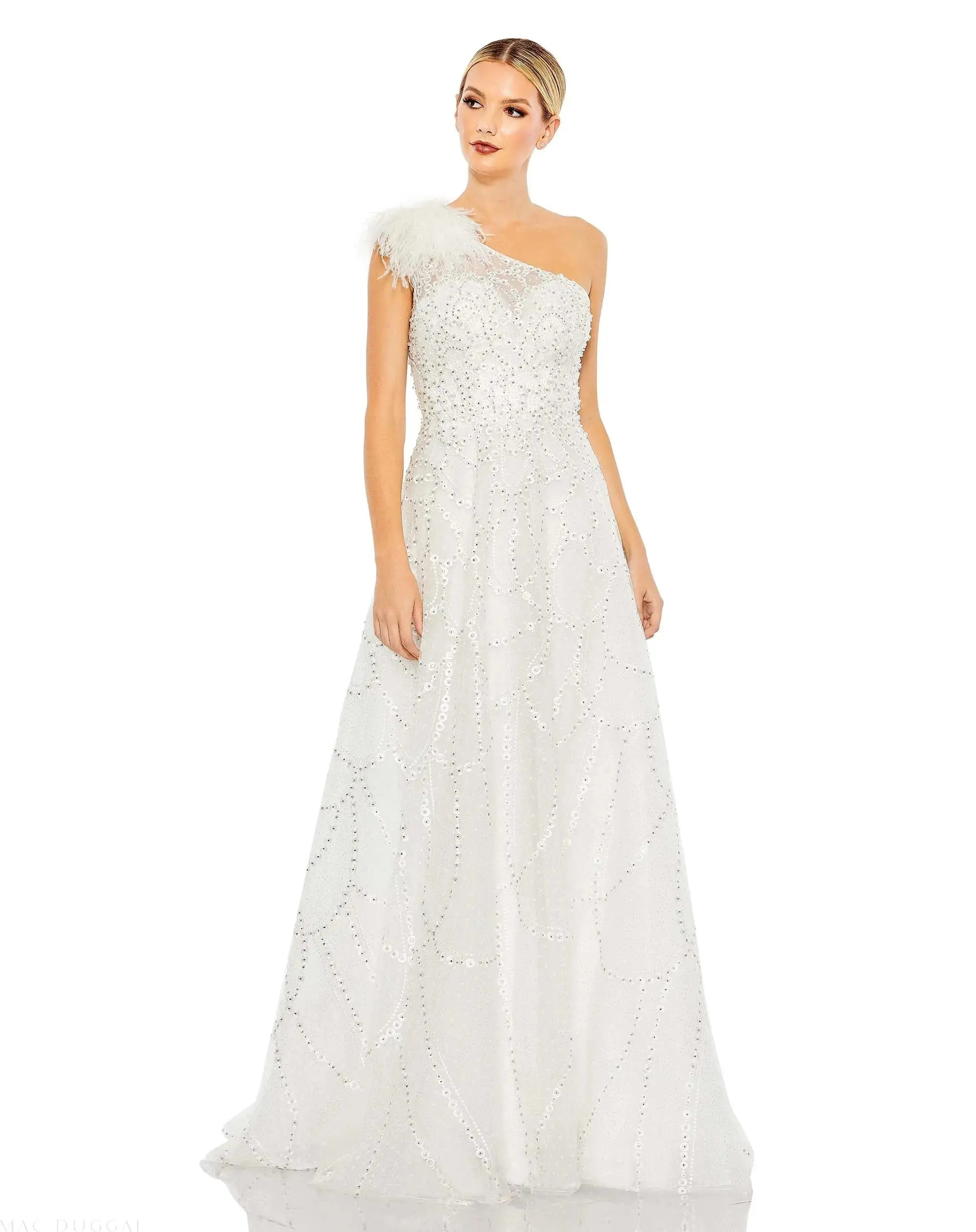 White Embellished One Shoulder A Line Gown - Mac Duggal | Mac Duggal