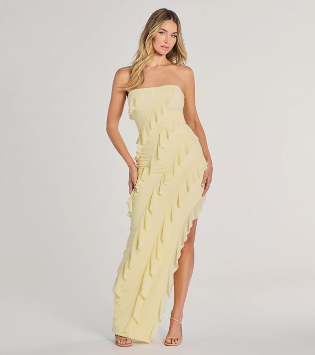 Gabby Formal Mesh Strapless Ruffle Long Dress | Windsor Stores