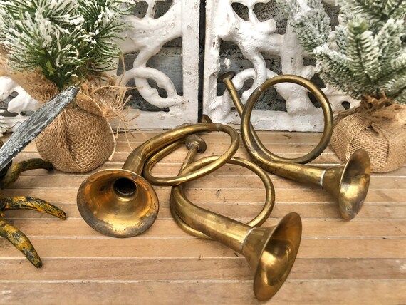 Patina Brass Metal Christmas French Horns Ornaments Set of 3 | Etsy | Etsy (US)