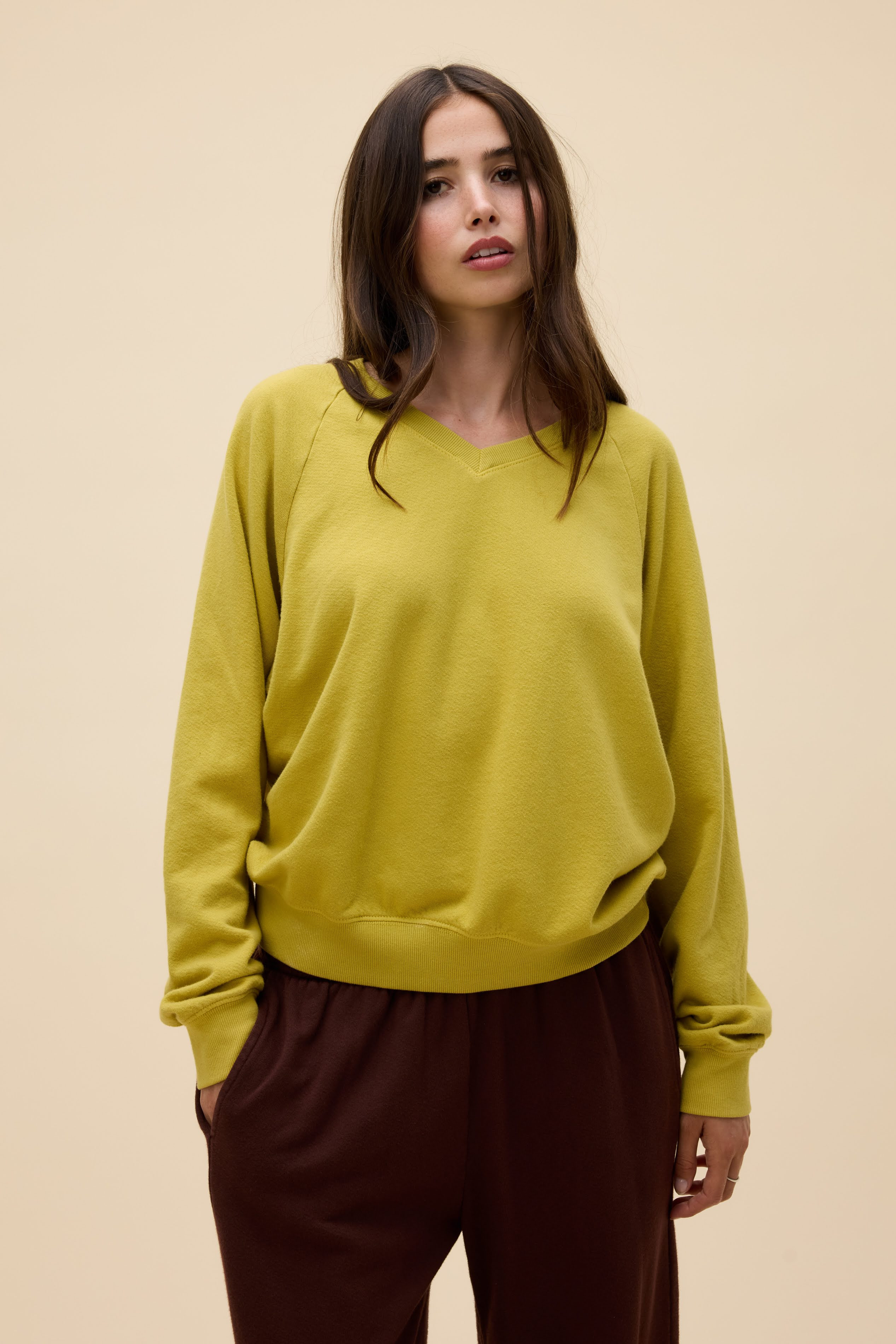Solid Terry V-Neck Sweatshirt in Yellow | 100% Cotton Sweatshirt in Yellow Jasmine | Daydreamer