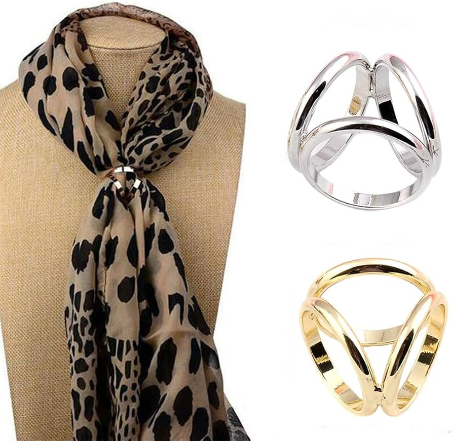 2Pcs Women Three Rings Silk Scarves Clip Fashion Scarves Buckle Scarf Ring Wrap Holder Clamp (Sil... | Amazon (US)
