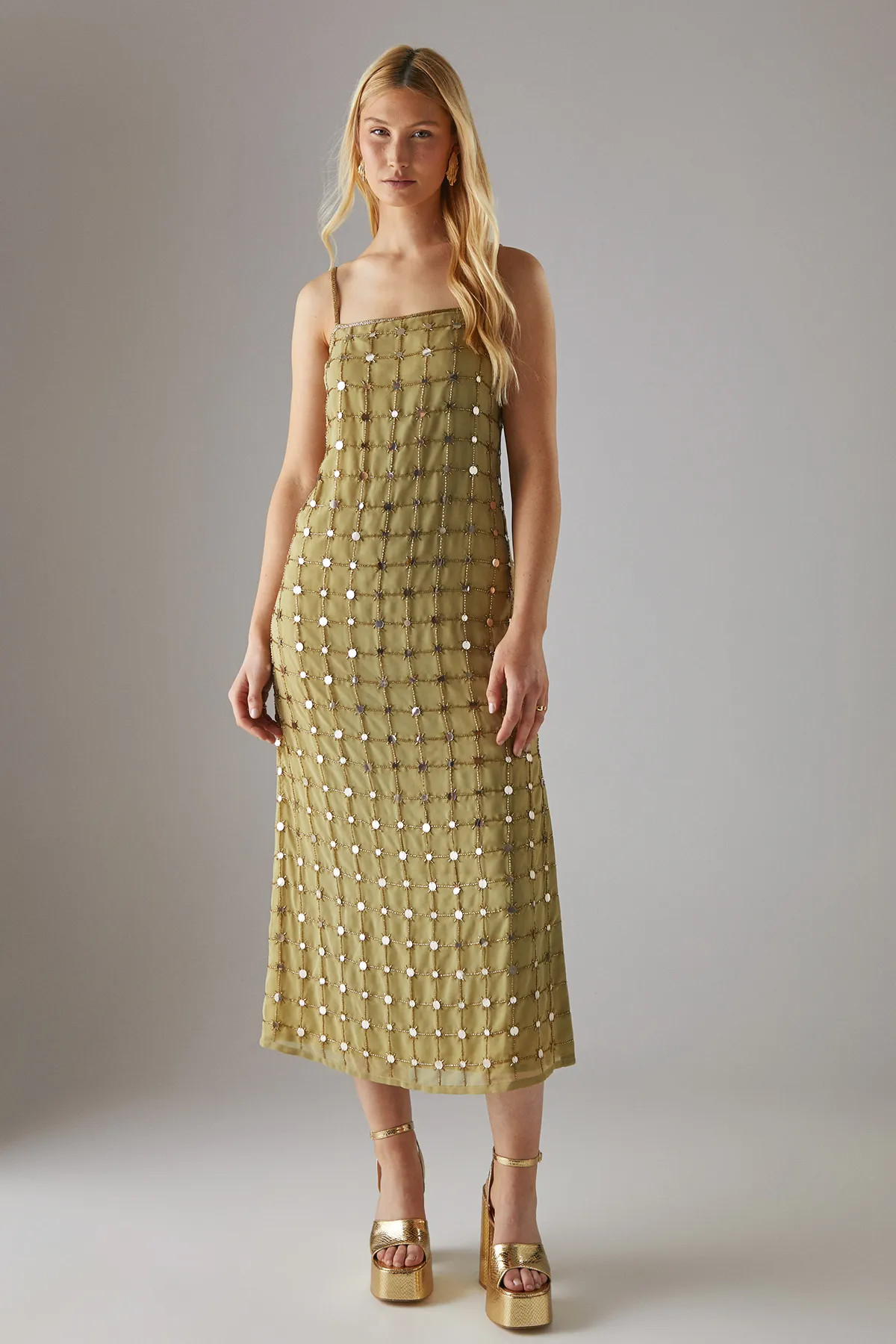 Dresses | Hand Embellished Sequin Grid Strappy Column Midi Dress | Warehouse | Warehouse UK & IE