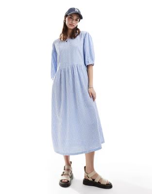 Monki seersucker smock midi dress in blue and white gingham | ASOS | ASOS (Global)