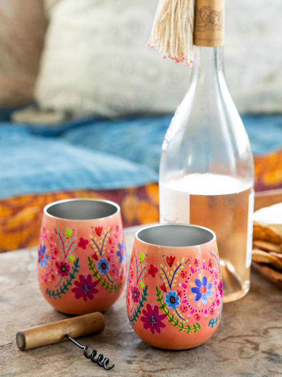 Stainless Steel Wine Tumblers, Set of 2 - Peach Floral | Natural Life