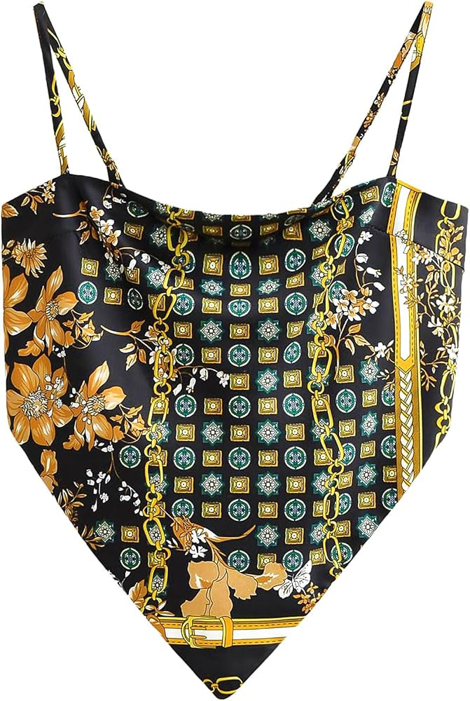 VividMosaic Women's Paisley Satin Bandana Top Hanky Hem Tie Back Cami Tops | Amazon (US)