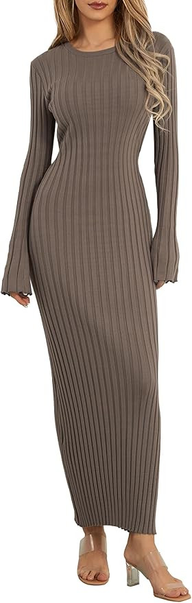 Sunloudy Women Crewneck Knit Maxi Dress Bell Long Sleeve Ruched Ribbed Bodycon Long Sweater Dress... | Amazon (US)