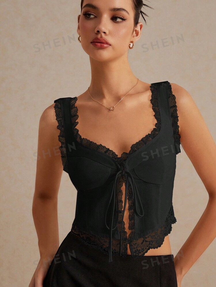 Poéselle Bow Tie Sleeveless Tank Top, Solid Color Summer Lace Patchwork Tank Top, Women's Tank T... | SHEIN