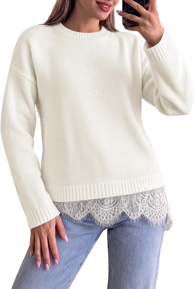 Saodimallsu Womens Lace Patchwork Sweater Tops Long Sleeve Knit Pullovers | Amazon (US)