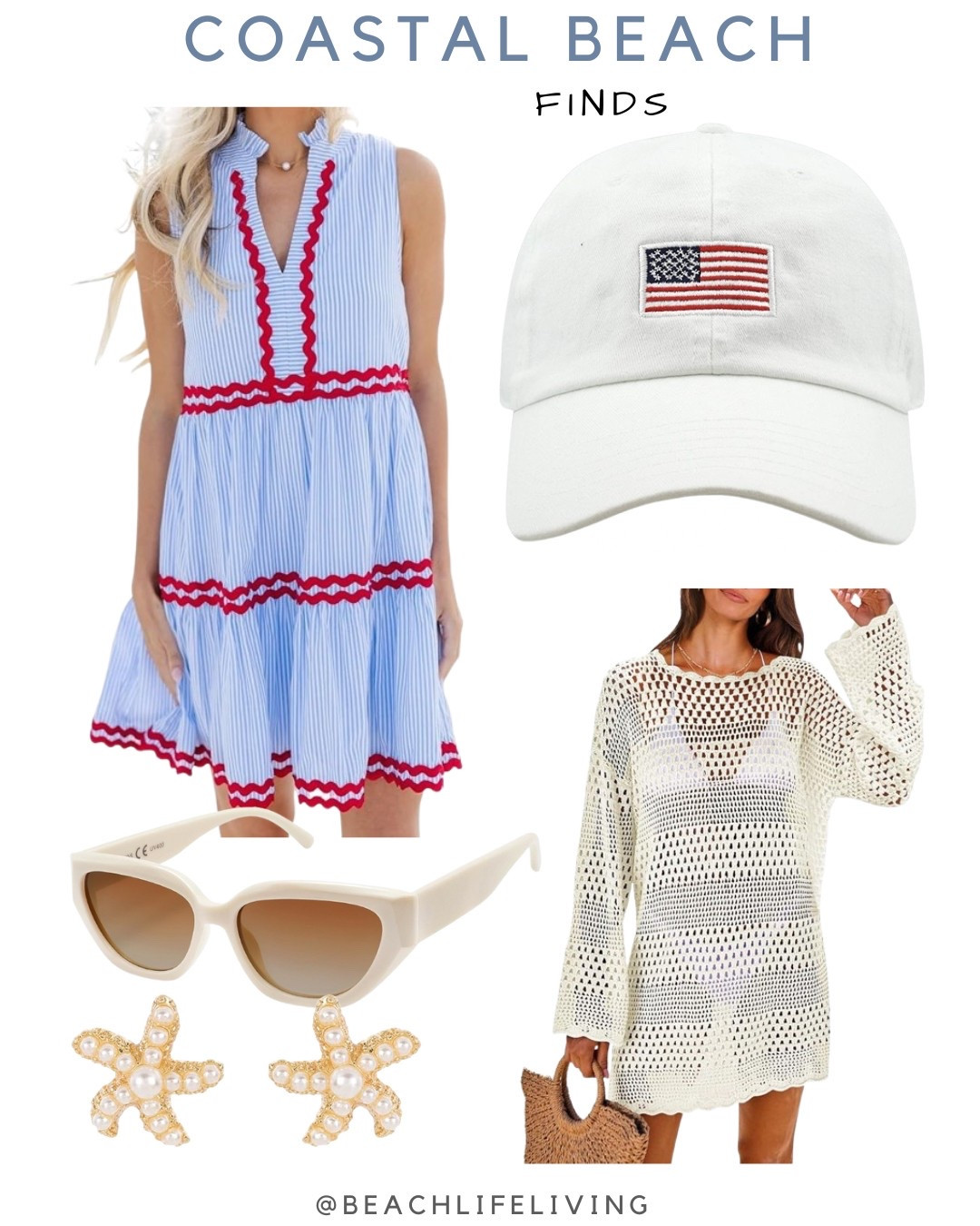 Holiday Coastal Beach Style 
Flag Hat  Sun glasses Red White Blue Dress Starfish Earrings 

#LTKFindsUnder50 #LTKSeasonal #LTKStyleTip