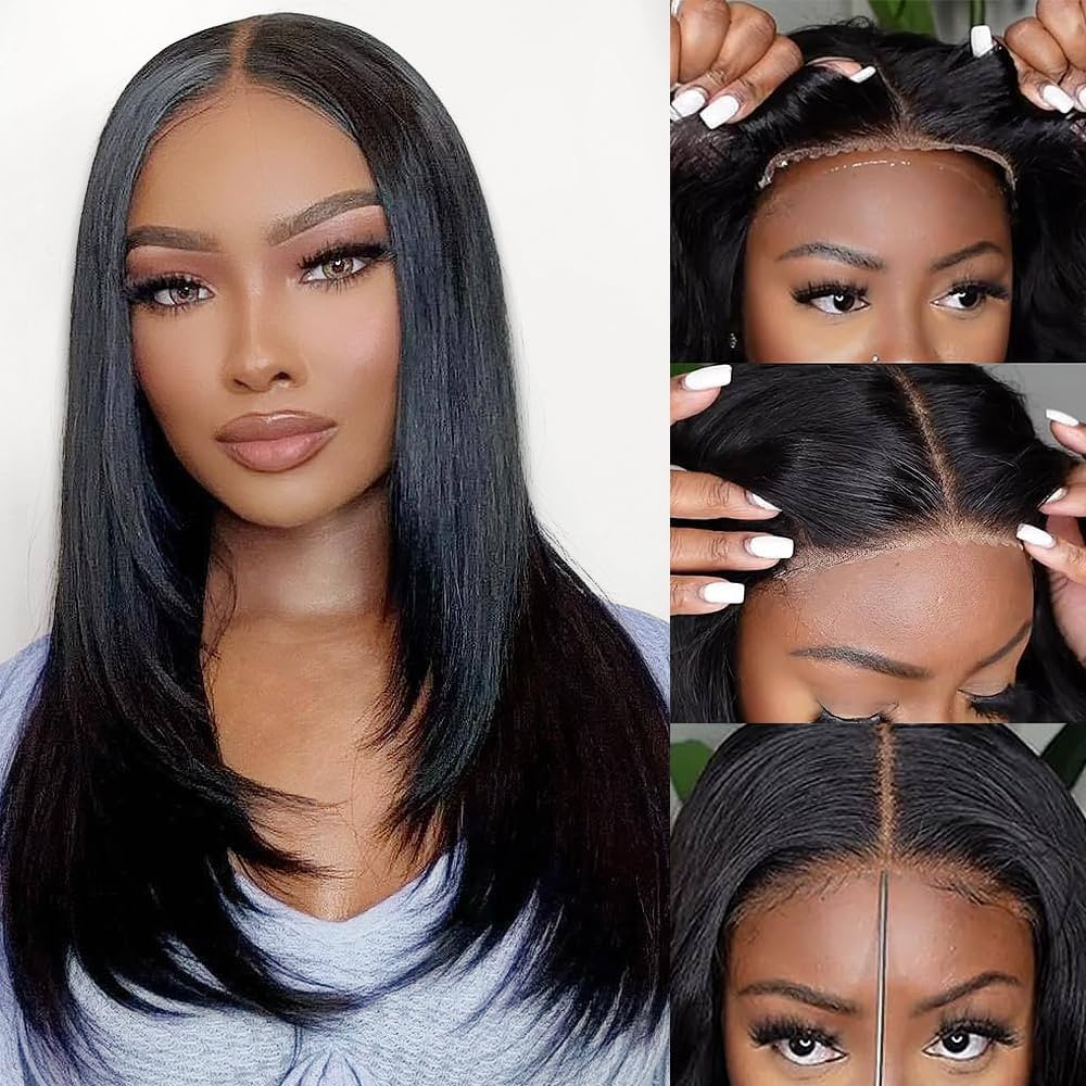 Straight Wear And Go Glueless Wig Synthetic Layered Wigs For Black Women Pre Plucked Pre Cut 4x4 ... | Amazon (US)