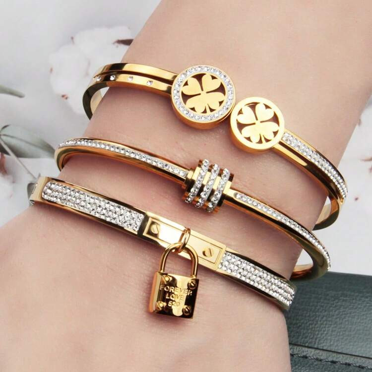 3pcs/1set Diamond Encrusted Double LOVE Link Stainless Steel Women Bracelet, Fashionable Roman Rope Style Wristband, Gift | SHEIN