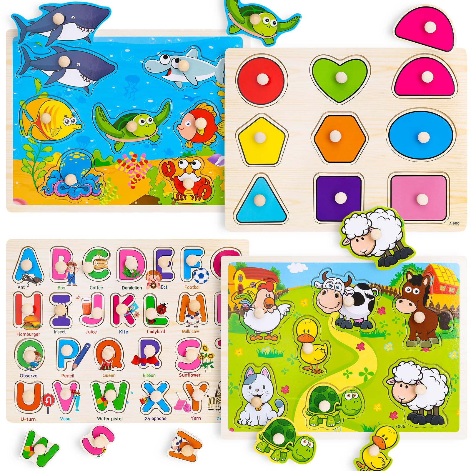 Wooden Peg Puzzles for Toddlers 2 3 4 Year Old, 4 Pack Montessori Toys Preschool Learning Puzzles... | Amazon (US)