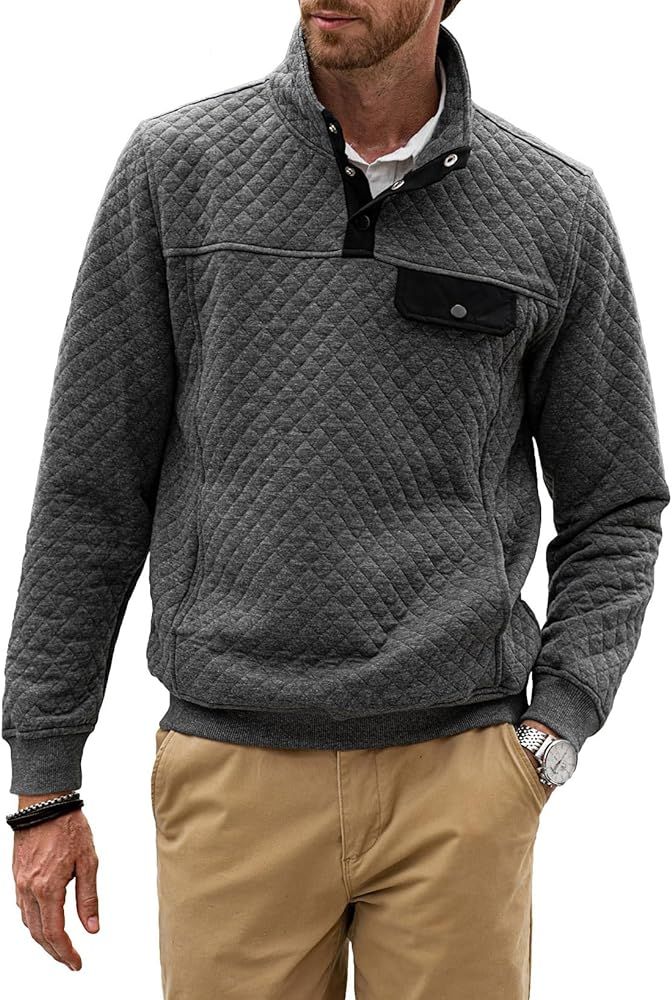 JMIERR Men's Quilted Sweatshirt Casual Long Sleeve Outdoor Stand Collar Button Pullover Sweatshir... | Amazon (US)
