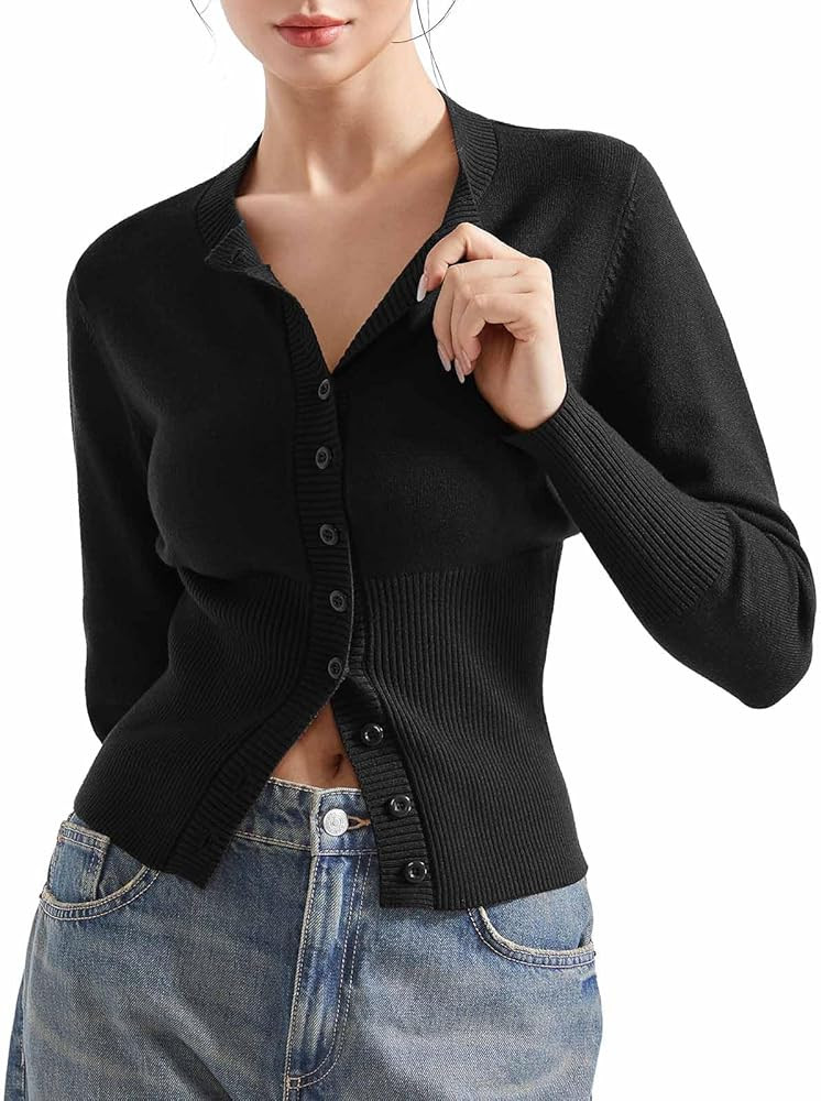 SUUKSESS Women Button Down Cardigan Crew Neck Sweaters Ribbed Knitted Slim Fit Tops | Amazon (US)
