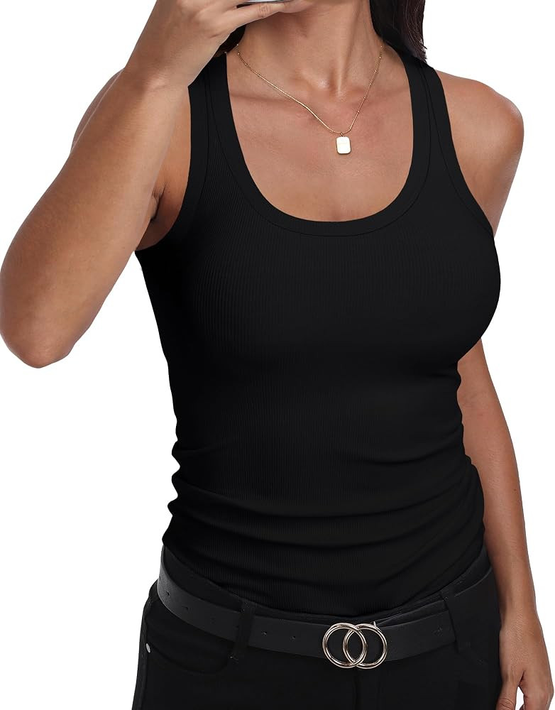 GEMBERA Womens Scoop Neck Sleeveless Racerback Ribbed Knit Slim Fitted Basic Tank Top Shirt | Amazon (US)