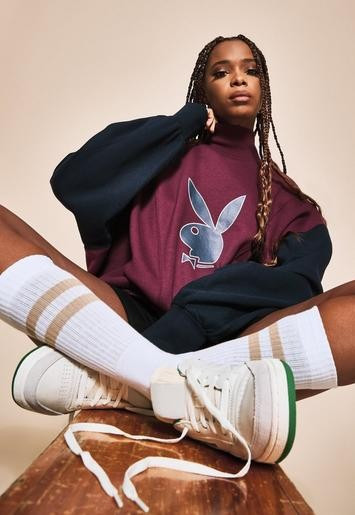 Playboy x Missguided Burgundy Varsity High Neck Super Extreme Oversized Sweatshirt | Missguided (US & CA)