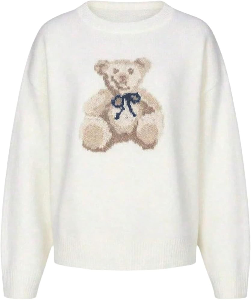 GORGLITTER Women's Cute Bear Graphic Sweater Oversized Cozy Long Sleeve Crew Neck Knit Fall Sweat... | Amazon (US)