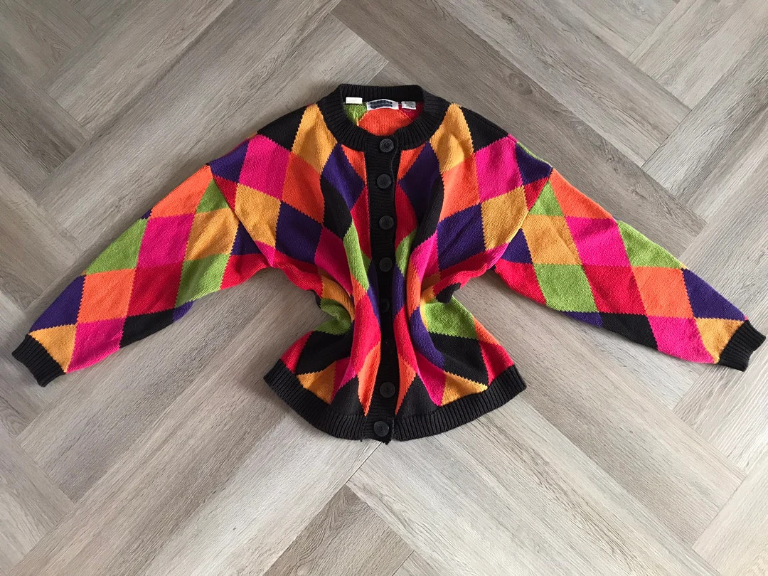 Vtg 80s 90s Express Tricot Cardigan Harlequin Sweater | Etsy (US)