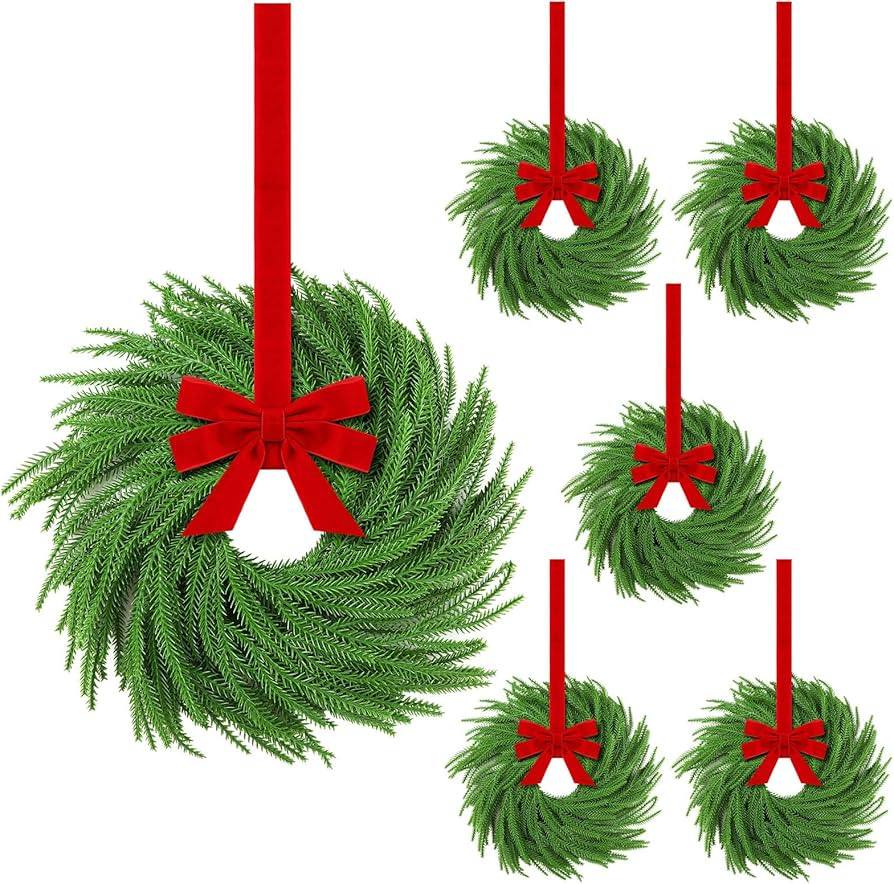 Hotop 6 Set Mini Christmas Wreath for Cabinet Kitchen Windows Decors Bulk with Red Bow Small Arti... | Amazon (US)