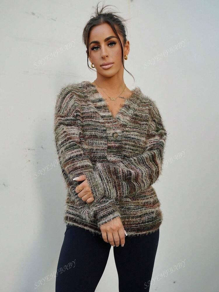 SAYEHFBABY Oversized Textured Cardigan Spring Casual Y2k 90's Stripe Knit Airport Holiday Oversiz... | SHEIN