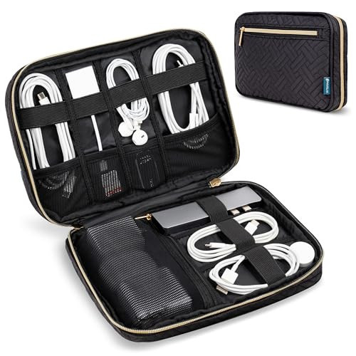 PAVILIA Travel Cord Organizer, Electronic Organizer Travel Case, Tech Organizer Travel Case, Cable Organizer Travel Storage, Small Charger Cord Bag Pouch, Travel Accessories Tech Gift Men, Black Quilt | Amazon (US)