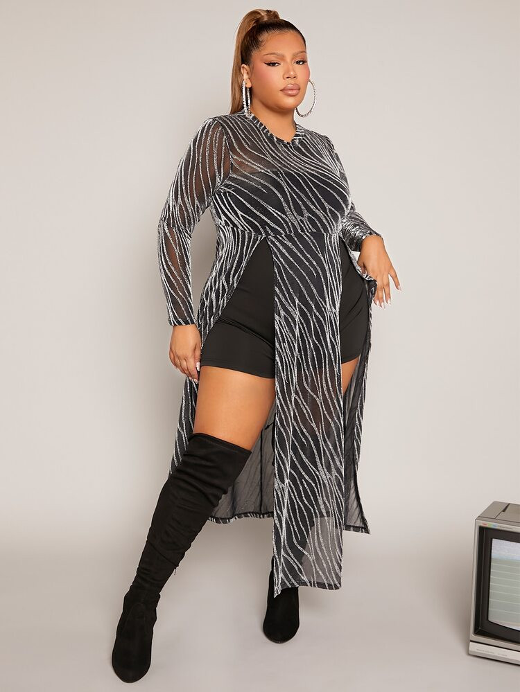 SHEIN SXY Plus Split Hem Glitter Mesh Top & Tube Unitard Romper | SHEIN