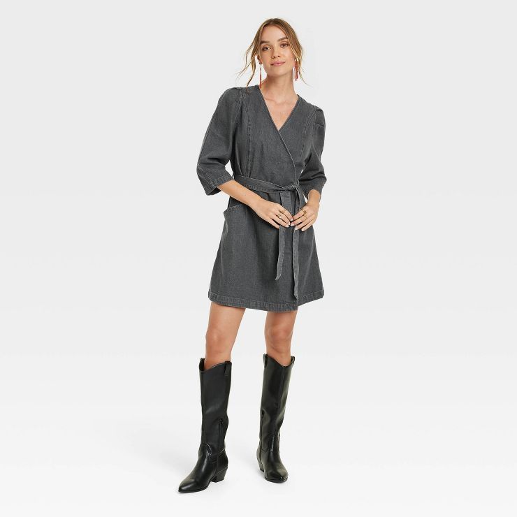 Women&#39;s Puff Short Sleeve Denim Wrap Dress - Universal Thread&#8482; Gray Wash S | Target