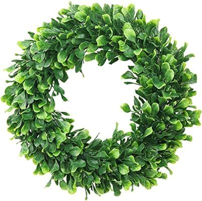 ElaDeco Faux Boxwood Wreath 16" Artificial Green Leaves Wreath for Front Door Hanging Wall Window... | Amazon (US)
