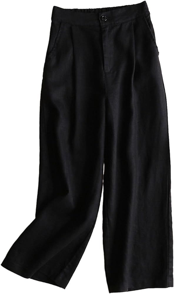 Aeneontrue Women's 100% Linen Wide Leg Pants Capri Trousers Back with Elastic Waist | Amazon (US)