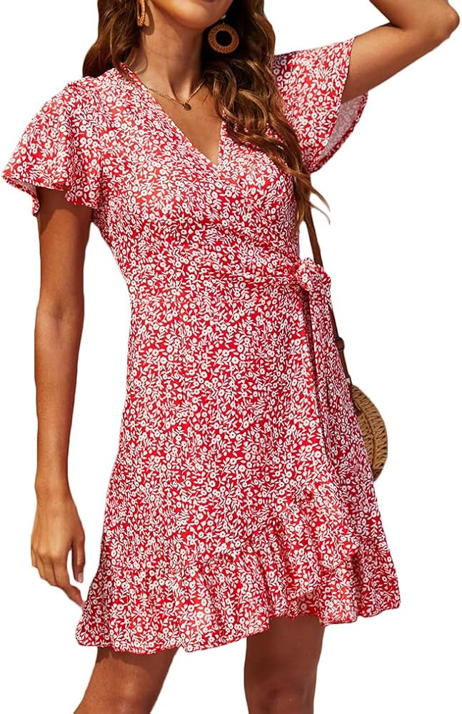 Naggoo Women's Summer Wrap V Neck Polka Dot Print Ruffle Short Sleeve Mini Floral Dress with Belt | Amazon (US)