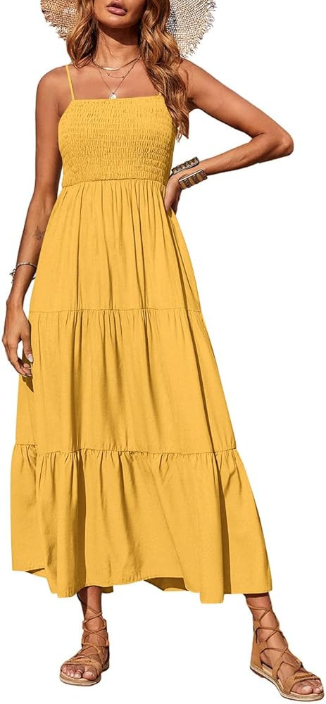 PRETTYGARDEN Women's Summer Maxi Dress 2025 Casual Boho Sleeveless Spaghetti Strap Smocked Tiered... | Amazon (US)