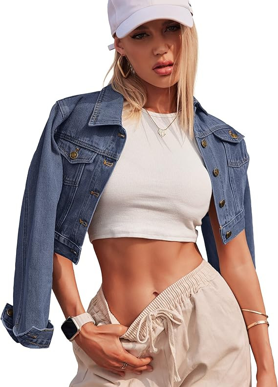 Grabsa Women's Button Down Long Sleeve Cropped Denim Jean Jacket with Pockets | Amazon (US)