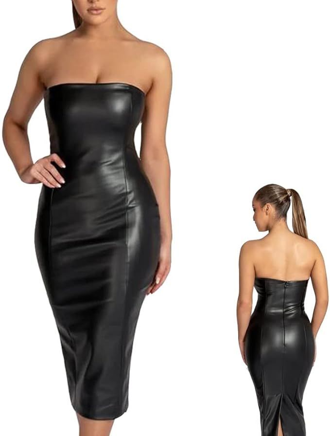 Liangzhou Fashion Women PU Leather Strapless Bodycon Dress Backless Slit Sexy Midi Dress,Suitable... | Amazon (US)