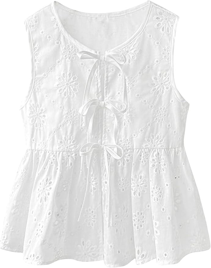 SOFIA'S CHOICE Women Bow Tie Front Tank Top Eyelet Embroidery Sleeveless Babydoll Peplum Tank Top... | Amazon (US)