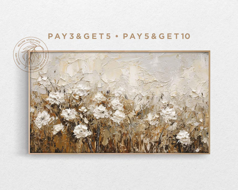 4K Spring Samsung Frame TV Art, Abstract Flowers Oil Painting, Vintage Hand Drawn Floral, Neutral... | Etsy (US)