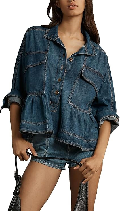 D-Sun Women's Denim Cropped Top Babydoll Long Sleeve V Neck Pullover Button Down Blouses Top | Amazon (US)