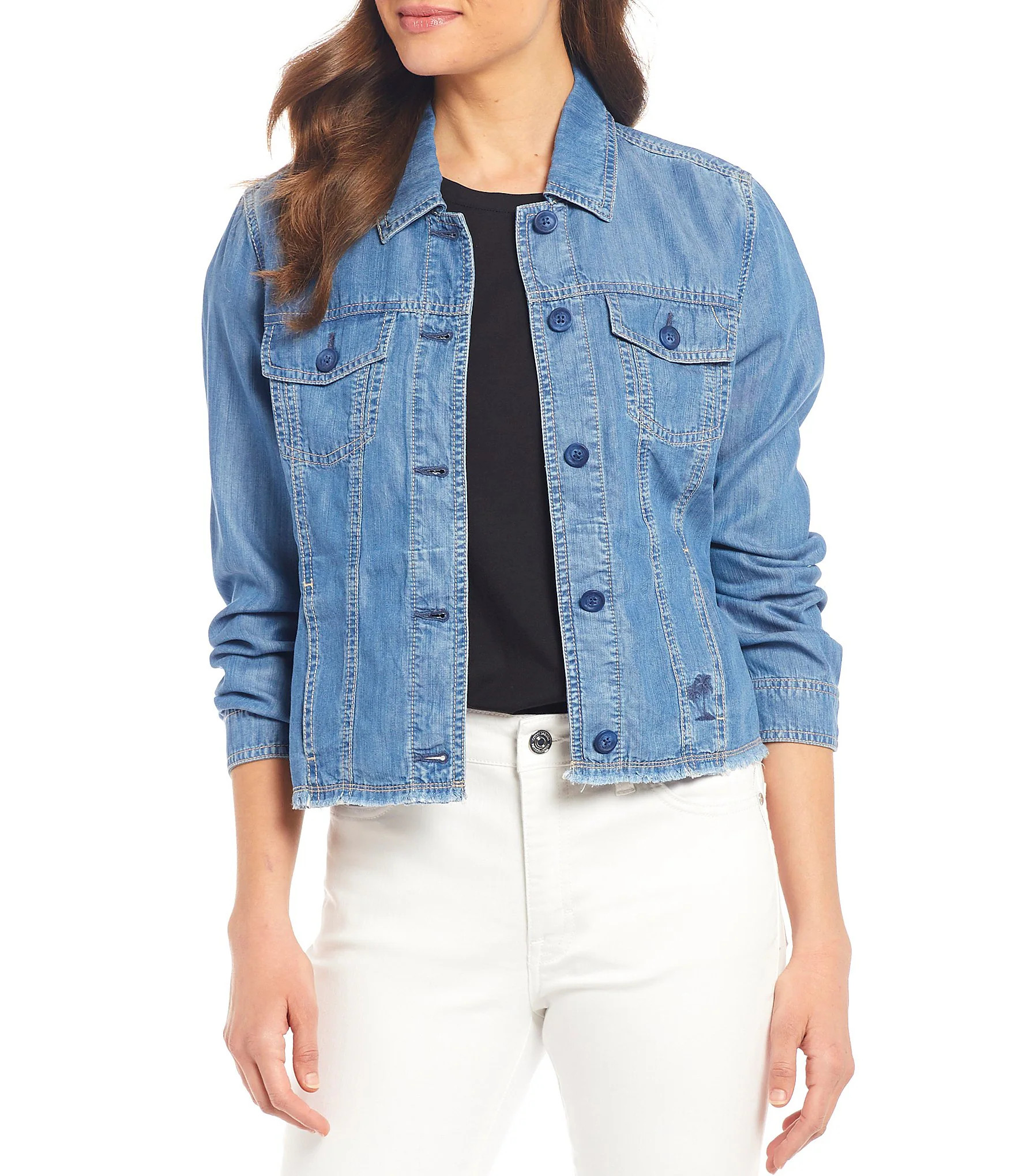 Chambray O'lei Cropped Frayed Hem Denim Jacket | Dillards