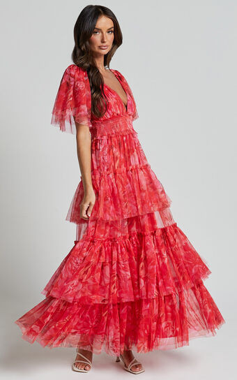 Leianna Midi Dress - Tulle Flutter Sleeve Tiered Ruffle Dress in Sunset Floral | Showpo (US, UK & Europe)