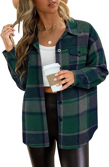 Trendy Queen Womens Flannel Plaid Button Down Shacket | Fall Winter Casual Jacket Long Sleeve Shi... | Amazon (US)