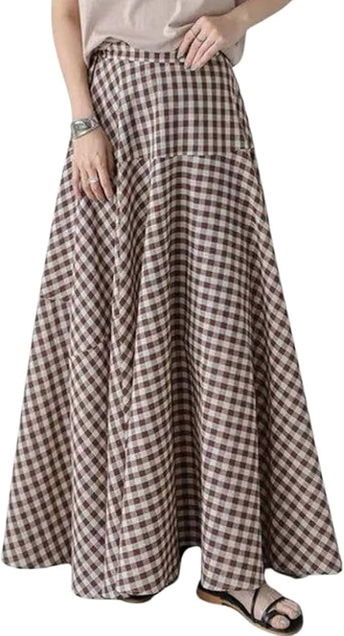 SOMTHRON Women's Retro Plaid Maxi Skirt A Line Pleated Flared Elastic High Waisted Gingham Summer... | Amazon (US)