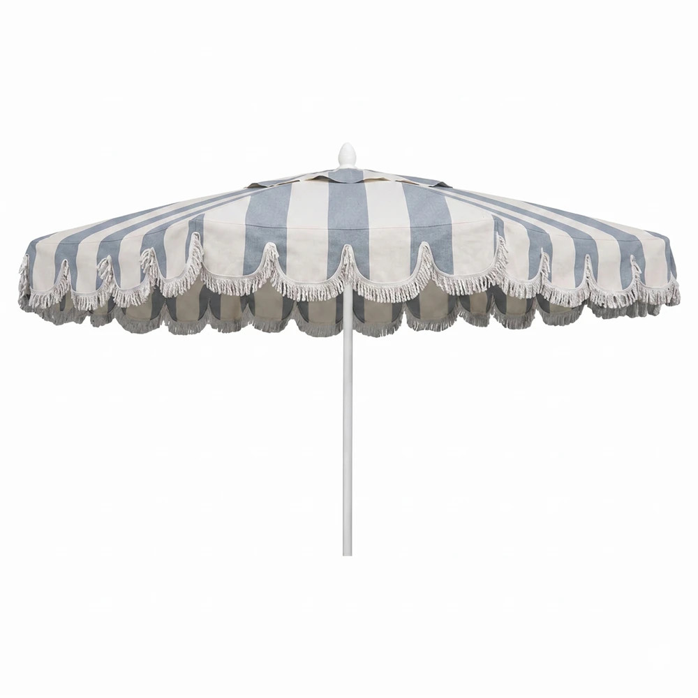 Camille French Country Leisure Denim Striped Sunbrella Umbrella | Kathy Kuo Home
