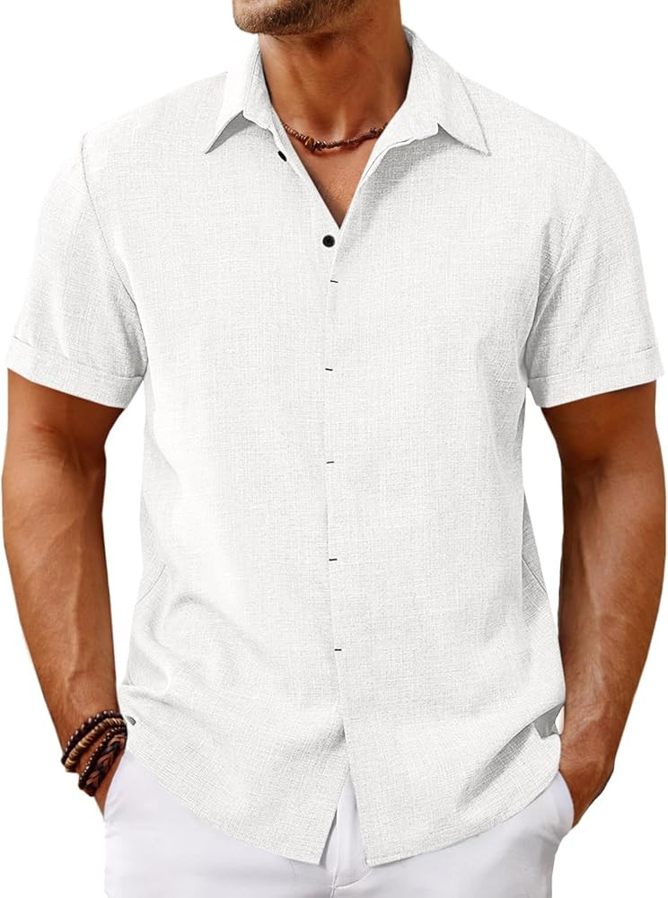 Runcati Mens Short Sleeve Linen Shirts Button Down Casual Texture Summer Beach Wedding Tops | Amazon (US)