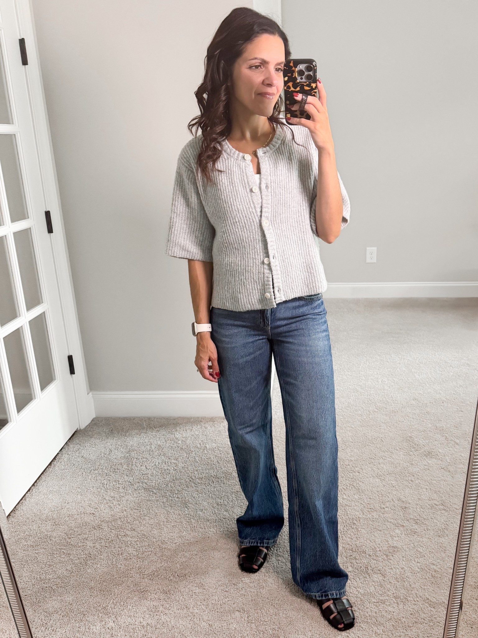 What I wore:
Short sleeve sweater cardigan: Aerie, XS 
Wide leg jean: Dynamite, 25
Fisherman sandals: Everlane, tts 

#LTKStyleTip