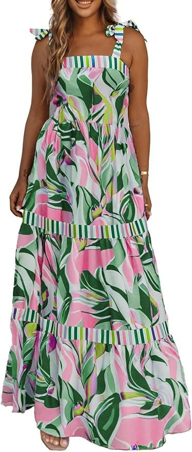 AlvaQ Women's 2025 Summer Sleeveless Floral Print Maxi Dress Strap Square Neck Beach Sun Dress | Amazon (US)